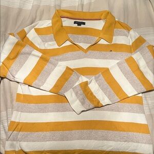 Tommy Hilfiger Women’s Mustard and Cream Striped V-neck Collared Shirt